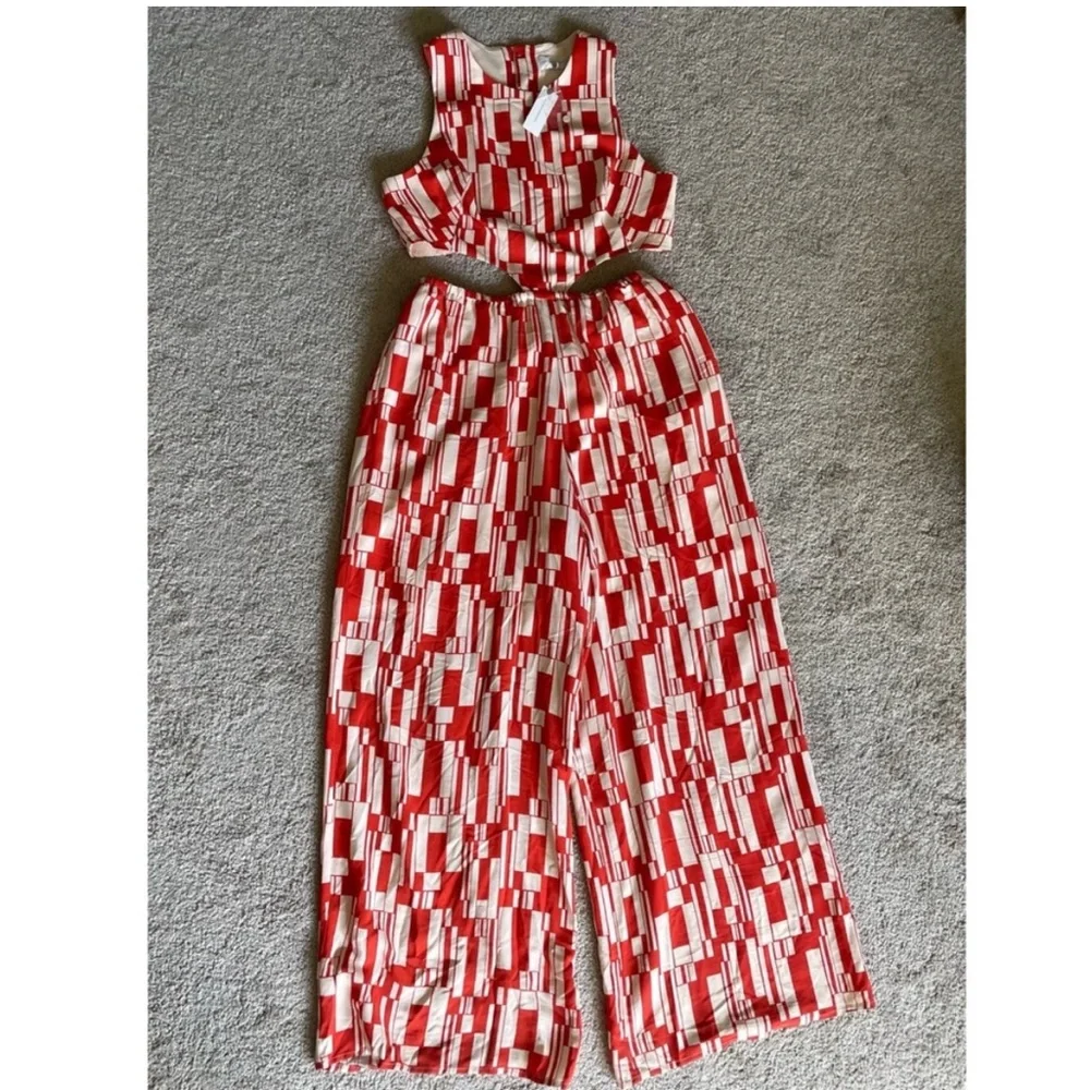 Anthropologie Corey Lynn Calter Cut Out Jumpsuit Red and White Abstract NWT L - Picture 1 of 7